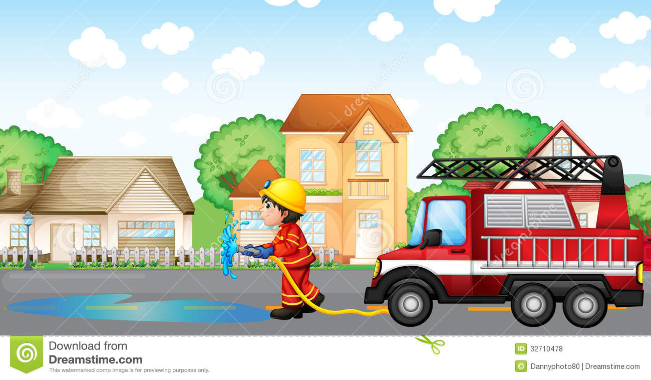     Stock Photos  A Fireman Holding A Hose With A Fire Truck At The Back