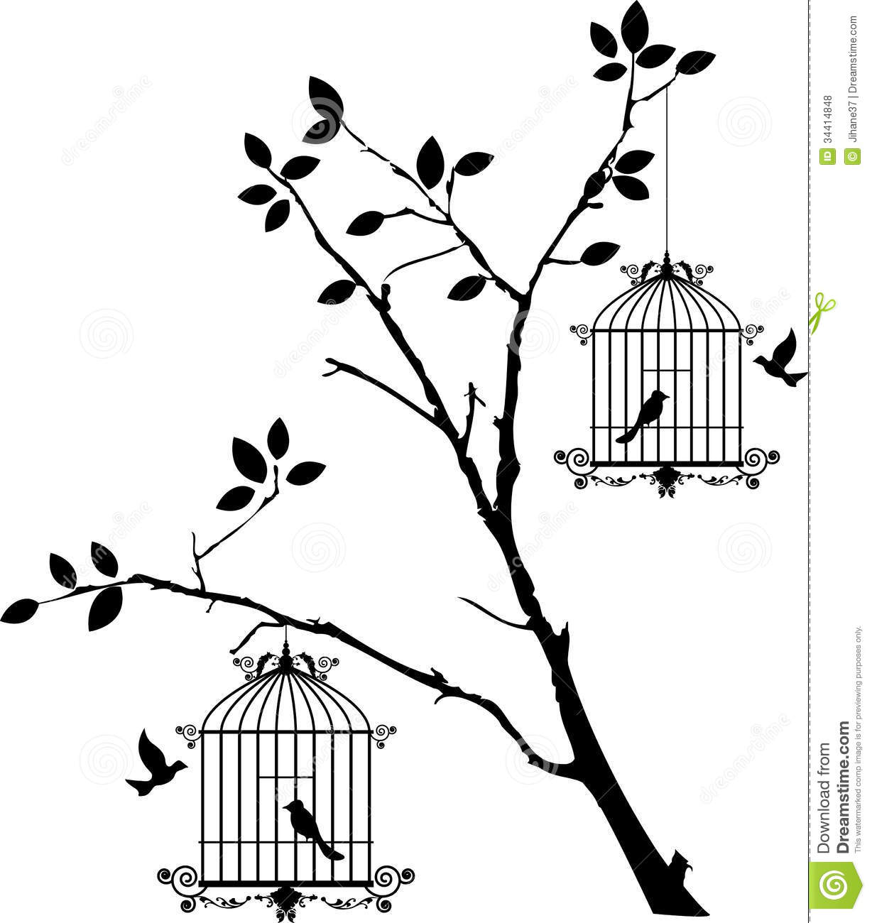 Tree Silhouette With Birds Flying And Bird In A Cage Royalty Free