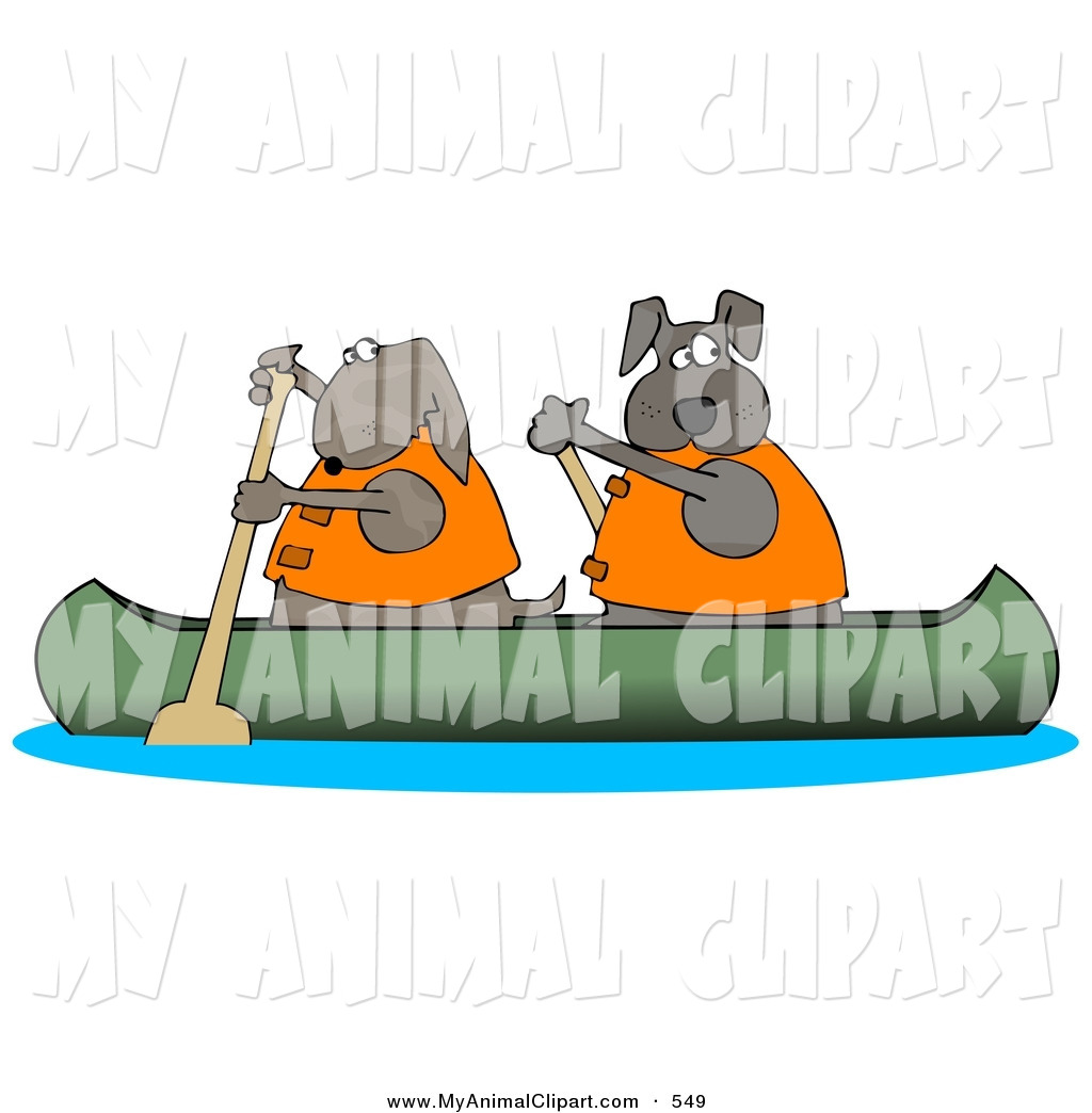 Two Dogs In Lifejackets Paddling A Canoe Down A River And Looking Back