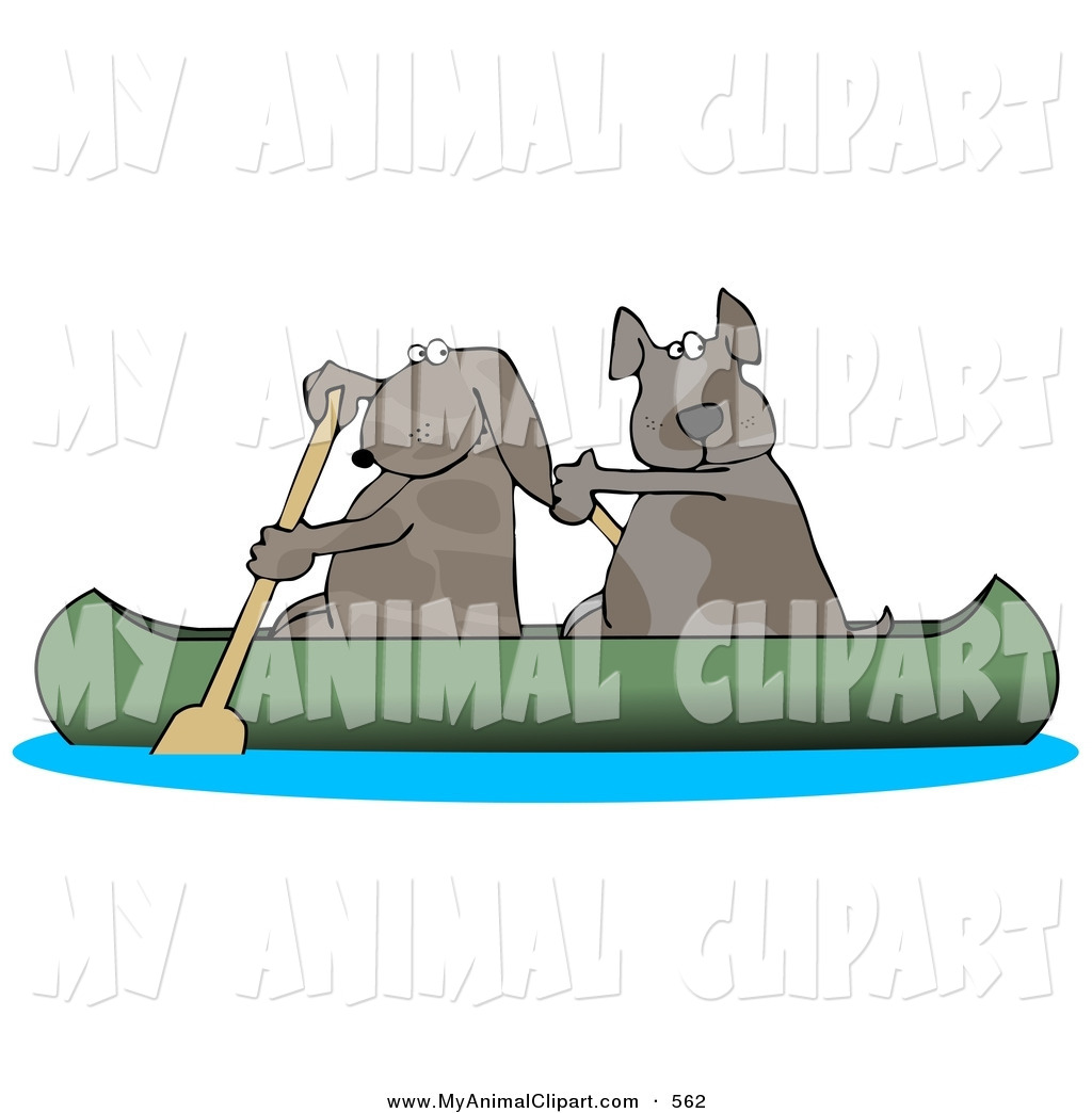 Two Dogs Paddling A Canoe Down A River And Looking Back