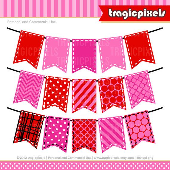 Valentine S Day Stitched Pink Red Bunting Banner Clipart   Digital Cl