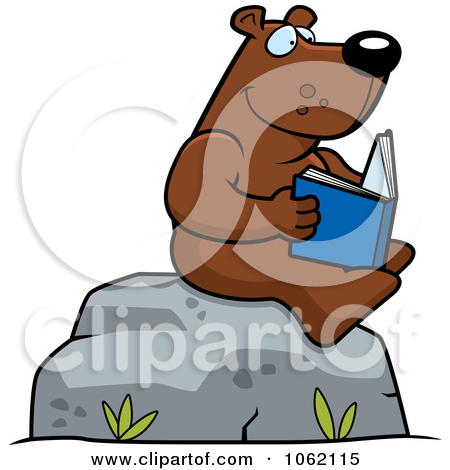Clipart Bear Reading A Book On A Boulder   Royalty Free Vector
