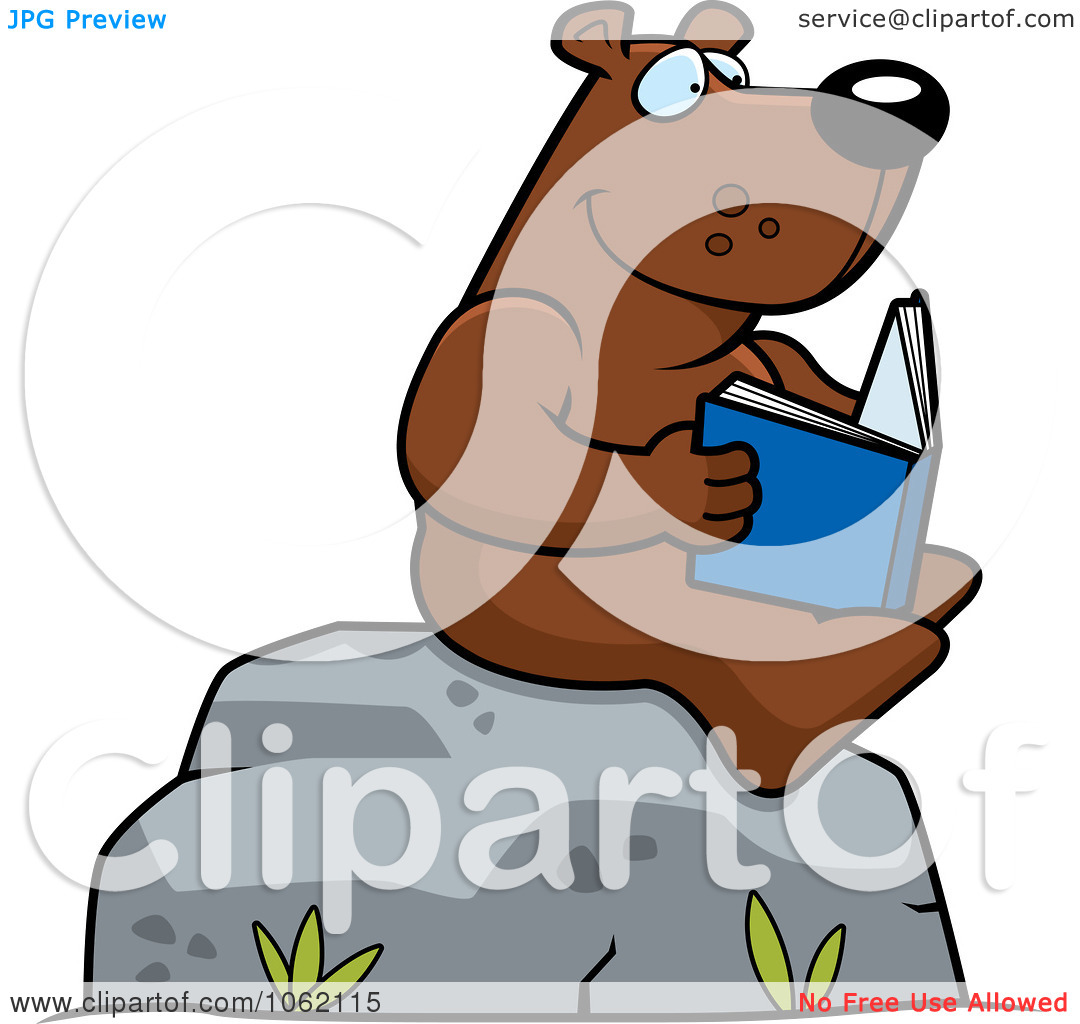 Clipart Bear Reading A Book On A Boulder   Royalty Free Vector
