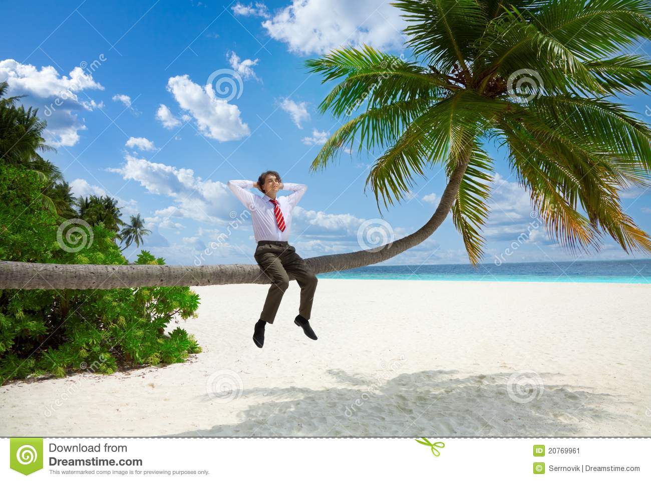 Happy Businessman Sitting On The Palm And Relax Stock Image   Image
