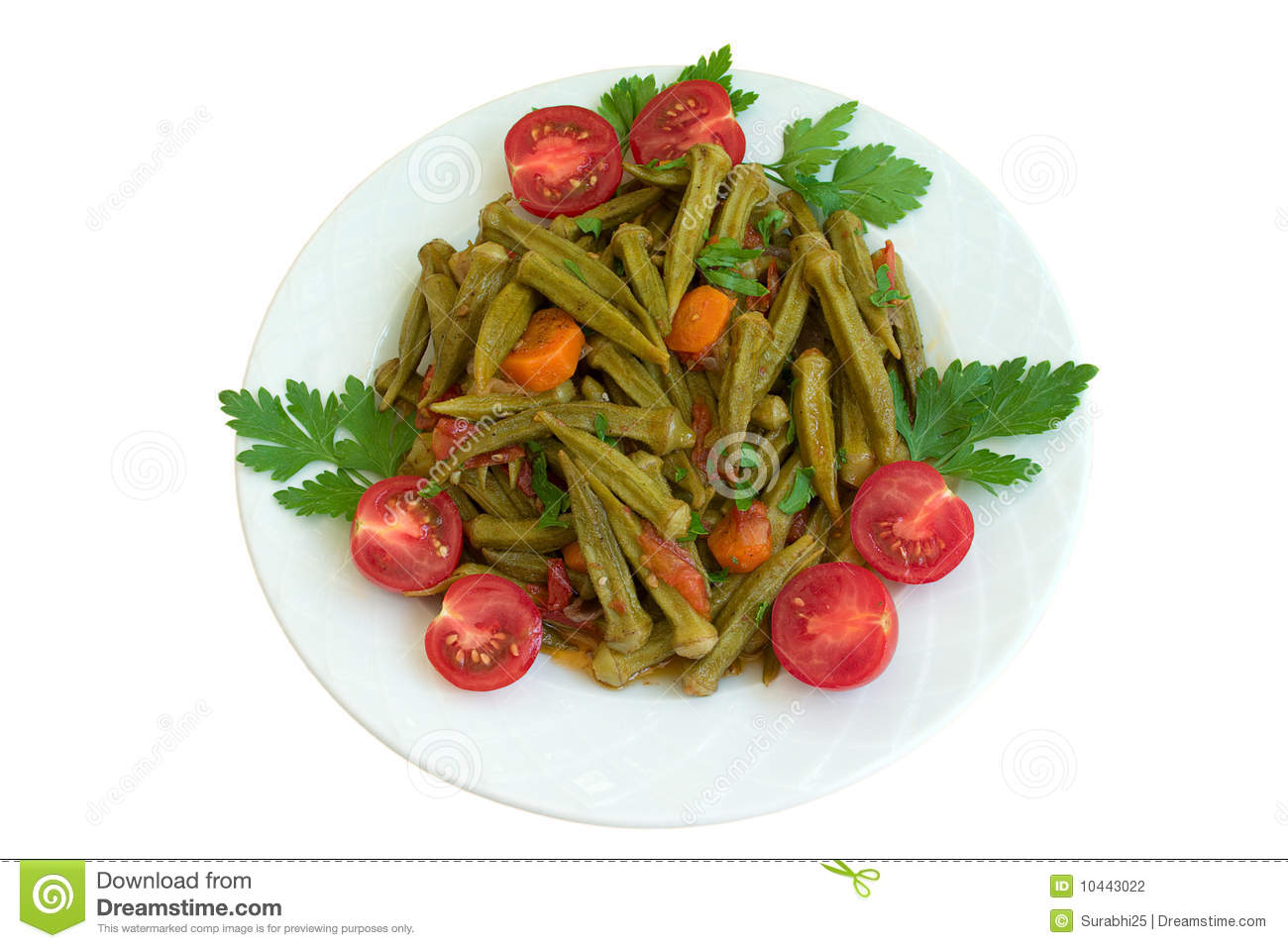 Okra With Tomatoes Carrot And Parsley On Plate Isolated On White