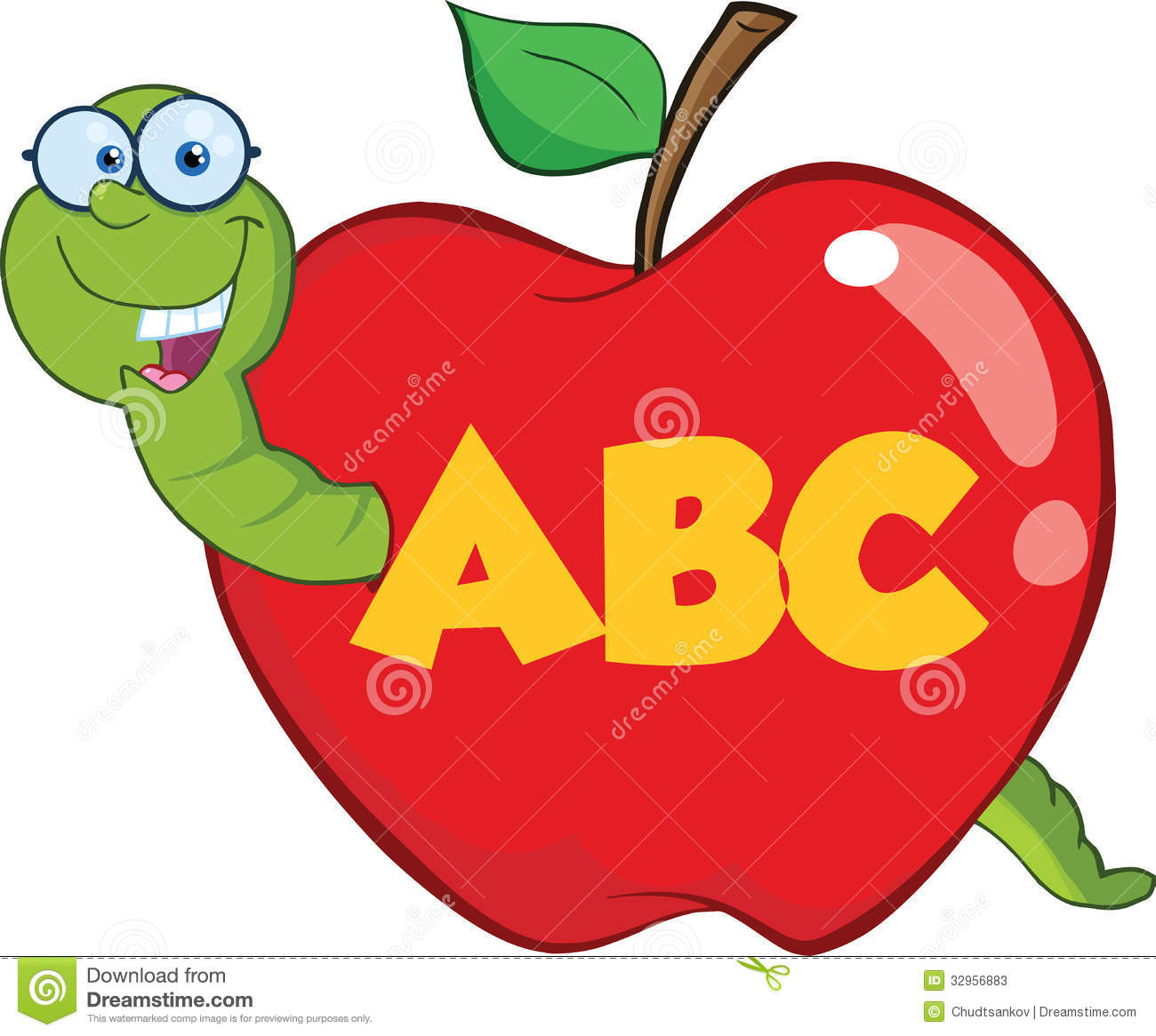 Teacher Apple Worm Happy Worm Red Apple Glasses Leter Abc Cartoon