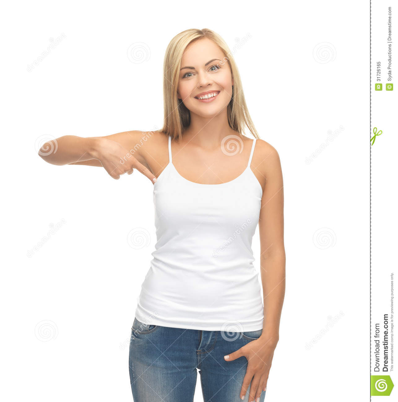Woman In Blank White T Shirt Pointing At Herself Royalty Free Stock