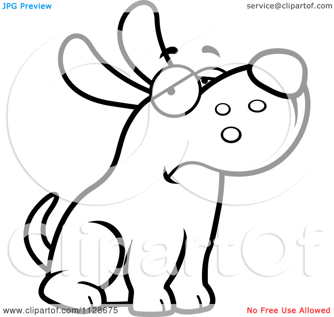Cartoon Clipart Of An Outlined Depressed Dog Sitting   Black And White
