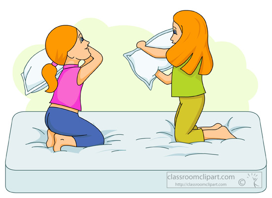 Children   Girls Fighting With Pillow   Classroom Clipart