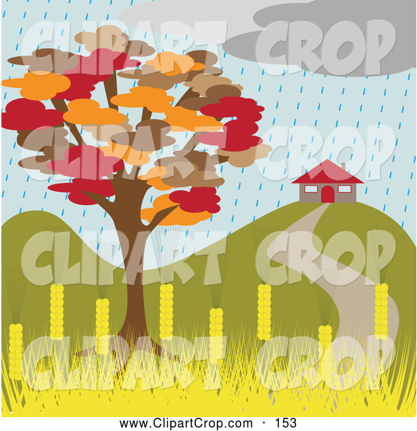 Clip Art Vector Of A Autumn Tree Near A Home On A Rainy Gloomy Day By