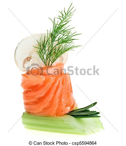 Elegant Canape With Salmon Roll Celery Dill Twig And Agaric Isolated    