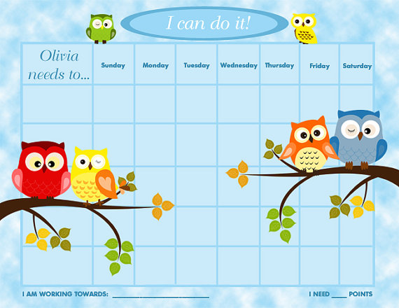 Printable Personalized Children S Reward Chart   Chore Chart   Owls