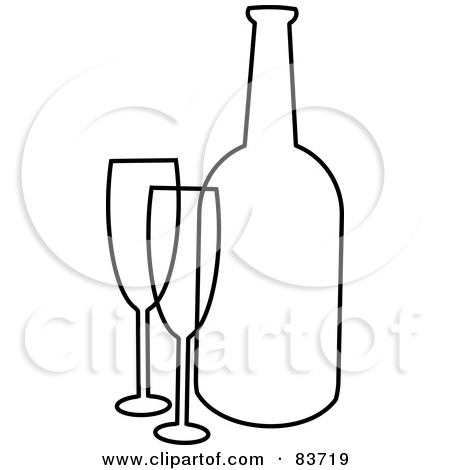 Rf  Clipart Illustration Of A Black And White Outline Of Two Champagne