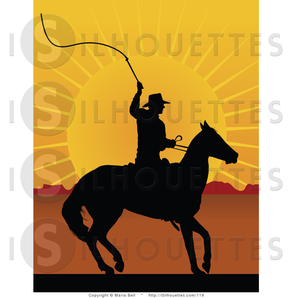 Silhouette Clipart Of A Cowboy On Horseback Preparing To Swing A Whip    