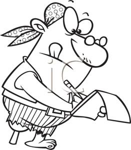 Black And White Cartoon Of A Peg Legged Pirate Writing In A Notepad    