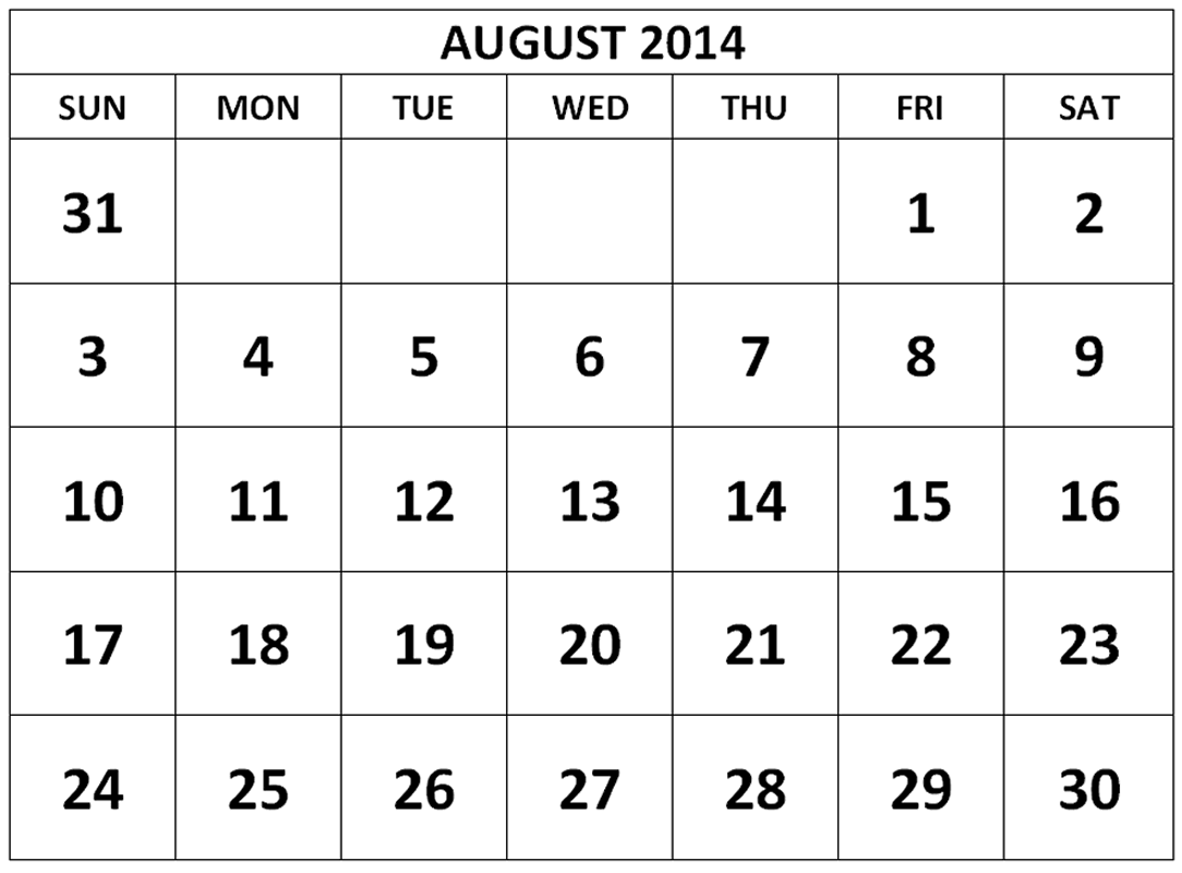 Blank August 2014 Calendar Printable Templates