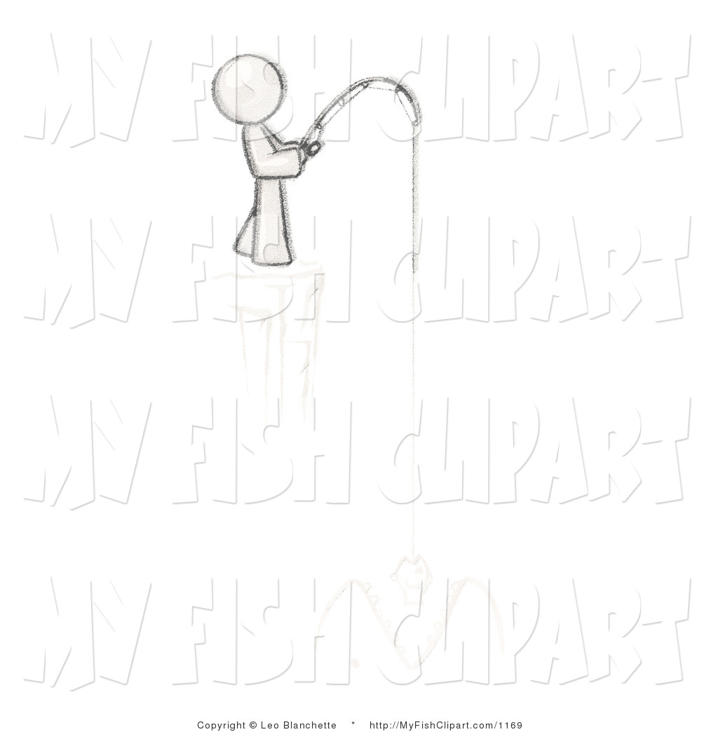 Clip Art Of A Sketched Design Mascot Fishing Off The Edge Of A Cliff