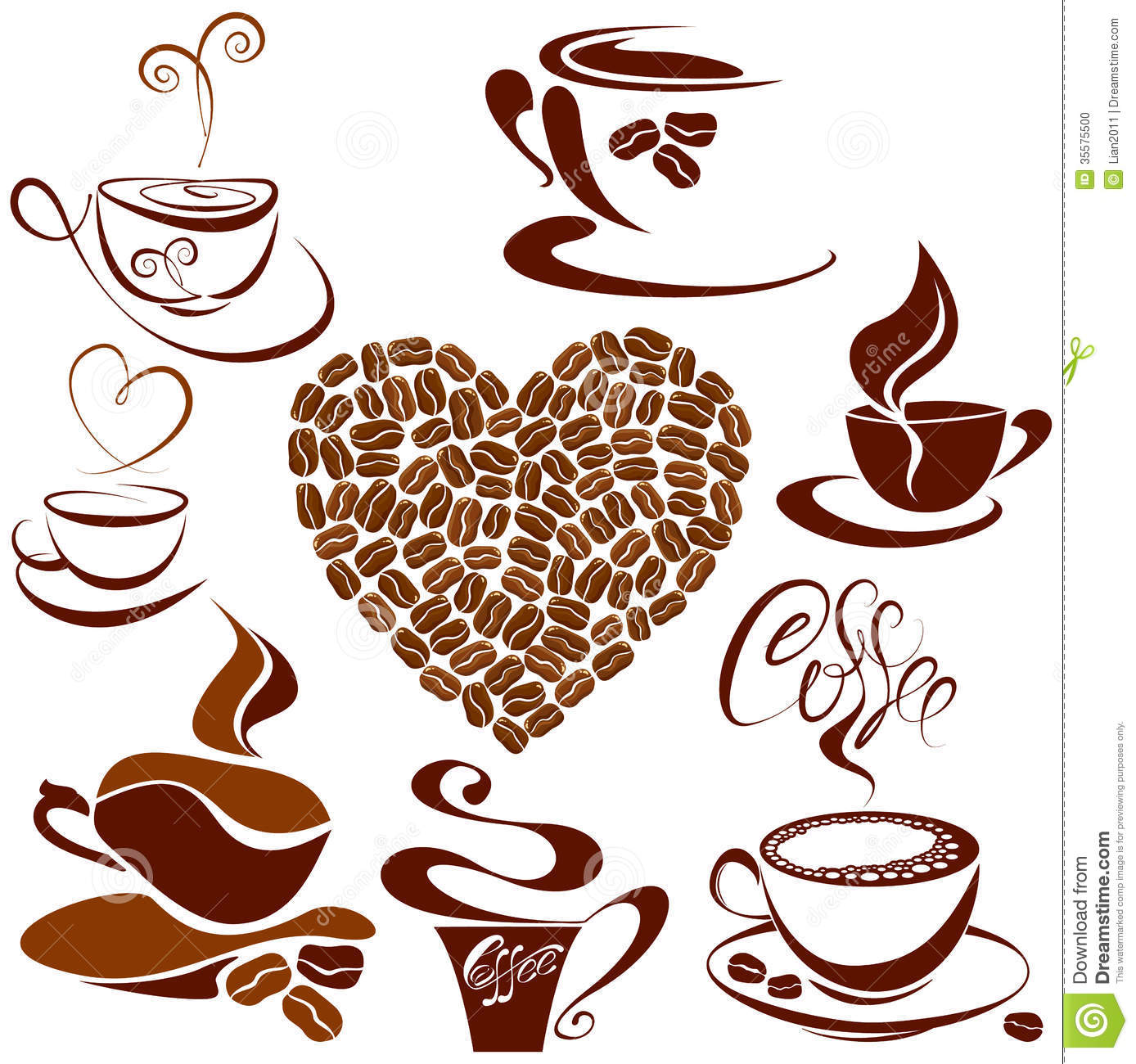 Set Of Coffee Cups Icons Heart Shape Is Made Of Coffee Beans Stylized