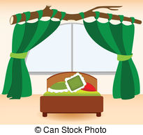The Green Curtains   Illustration Infant Bedrooms In Cartoon