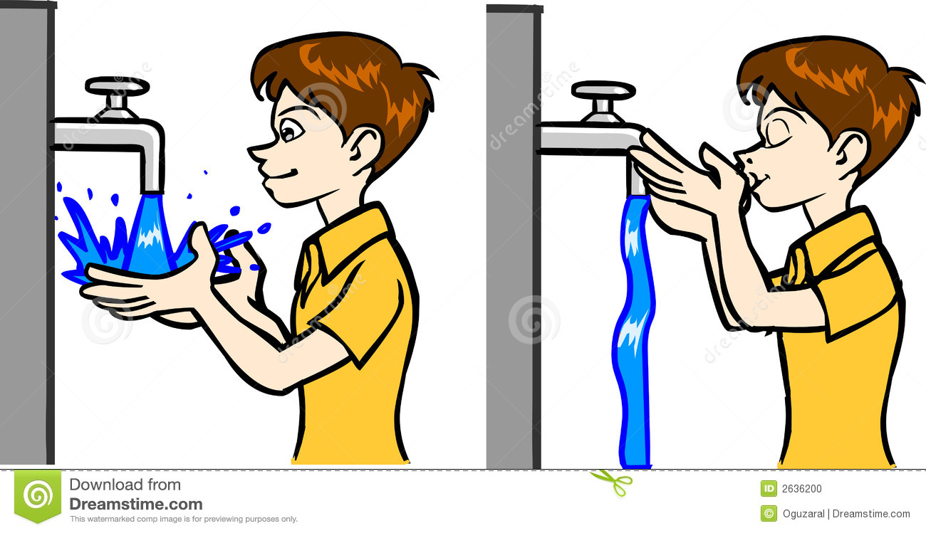 Vector Illustration Of A Boy Drinking Water From A Tap