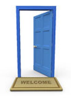 15524 Welcome Door Mat In Front Of An Open Blue Door Clipart    