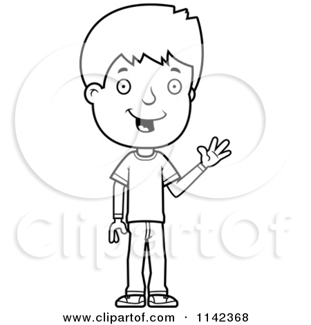 Cartoon Clipart Of A Black And White Adolescent Teenage Boy Waving