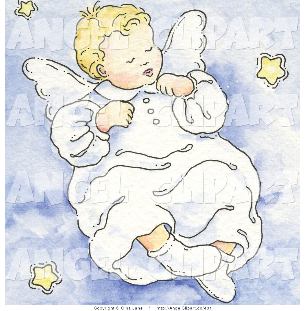 Clip Art Of A Precious Sleeping Angel Baby On A Blue Cloud With