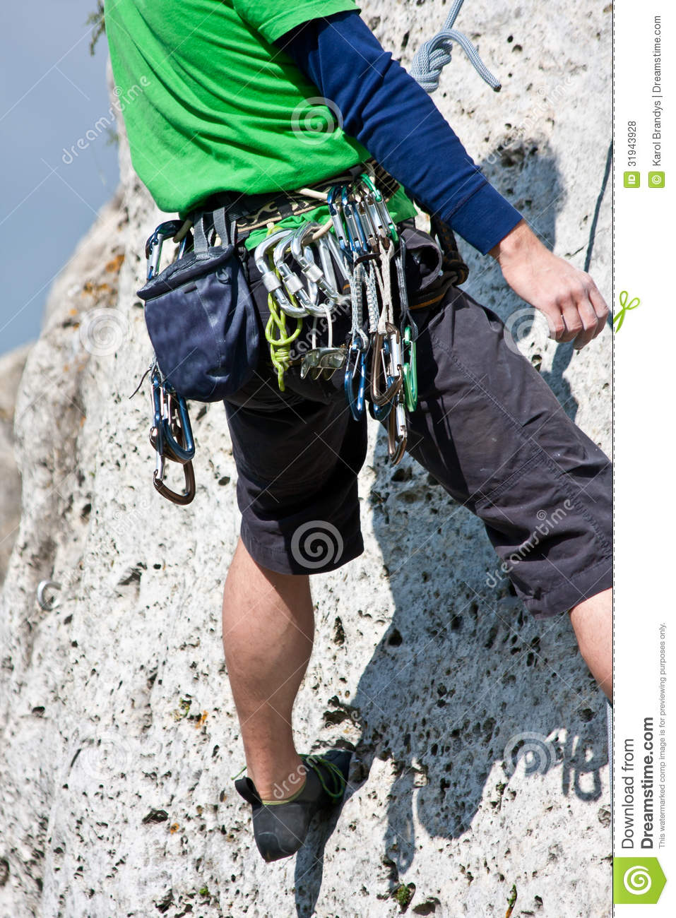 Close Up Of Outdoor Rock Climbing Equimpment   Rope Carabiner