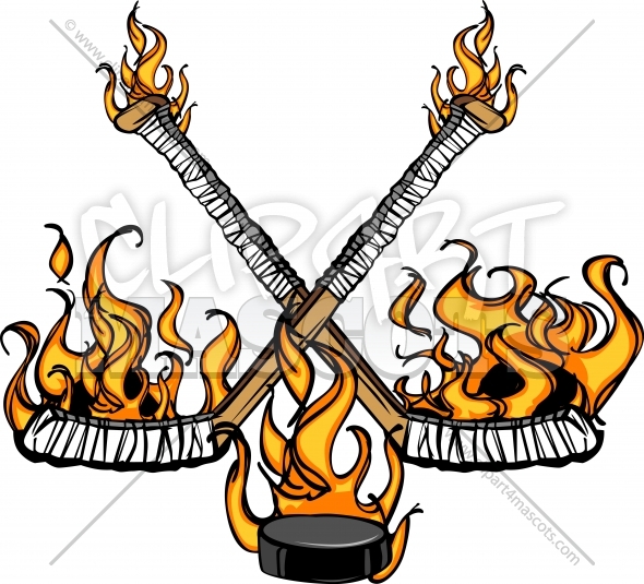 Hockey Sticks And Puck Flaming Cartoon Illustration   Clipart 4