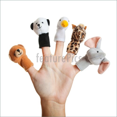 Of Hand With Animal Puppets    Female Hand Wearing 5 Finger Puppets    