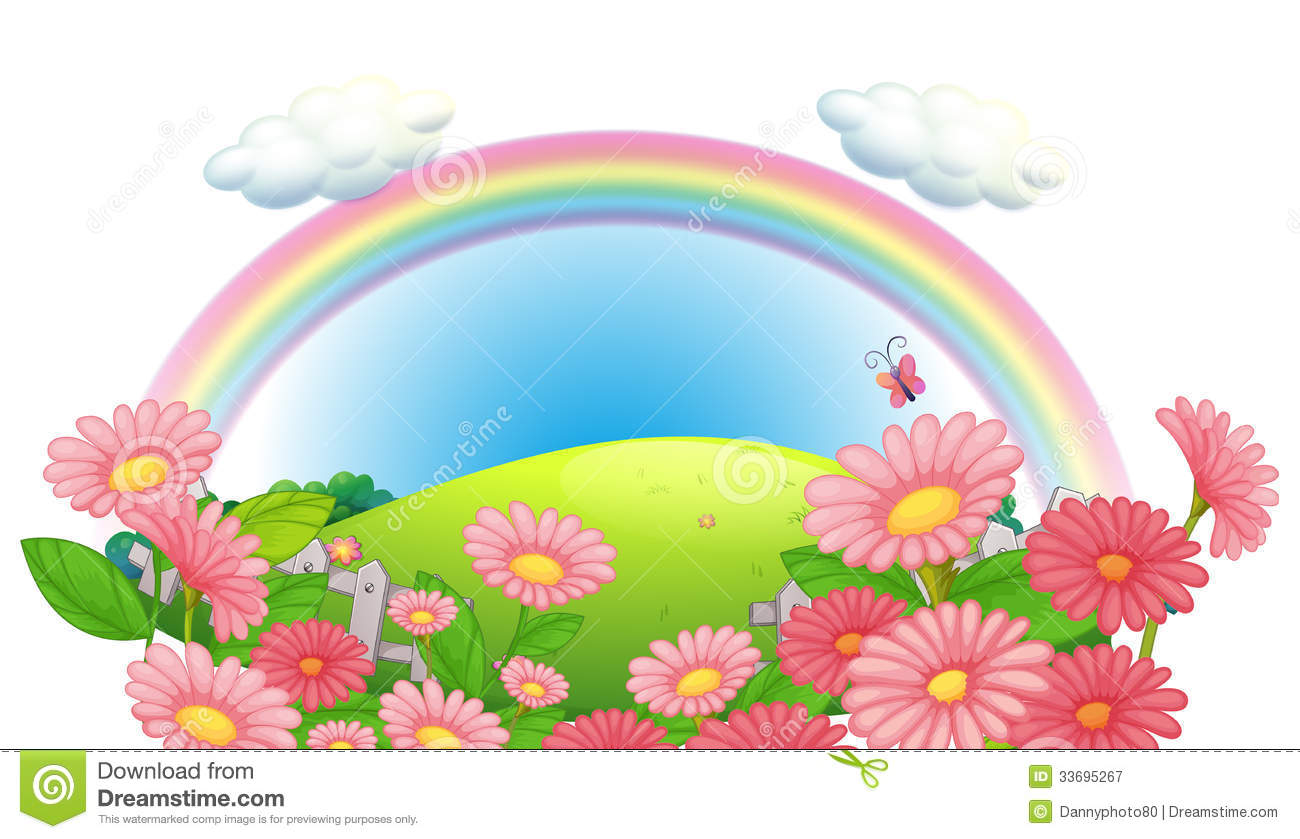 Rainbow And A Garden Of Flowers At The Hills On A White Background