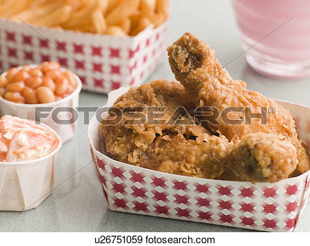 Stock Photograph Of Southern Fried Chicken Coleslaw Baked Beans Fries    
