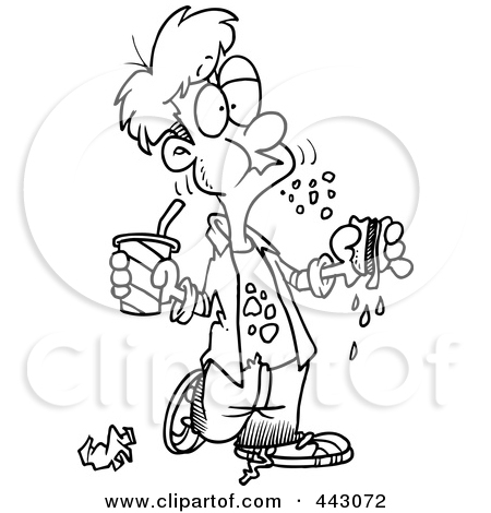 Cartoon Black And White Outline Design Of A Bad Mannered Boy Eating A    