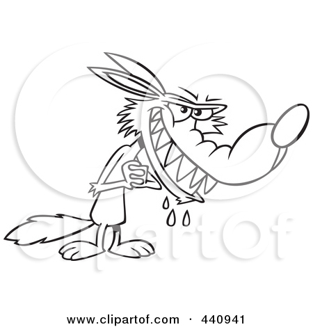 Cartoon Black And White Outline Design Of A Big Bad Wolf Drooling