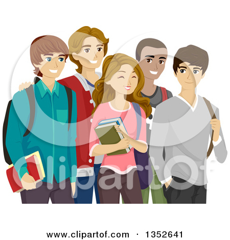 Clipart Of A Group Of Happy High School Guys Around A Pretty Girl