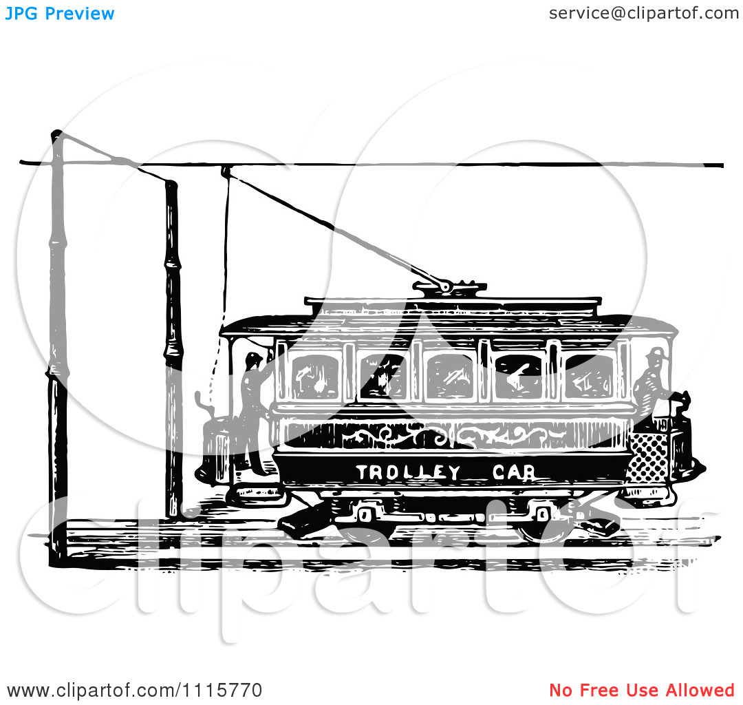 Clipart Retro Vintage Black And White Trolley Car   Royalty Free