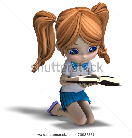 Cute Little Cartoon School Girl Reads A Book  3d Rendering With    