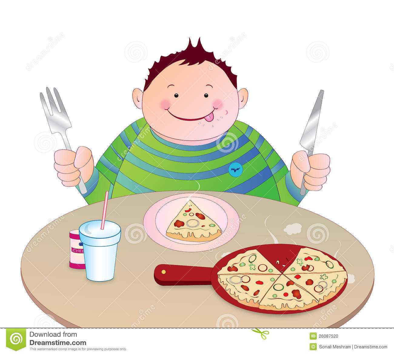     Of A Cute Funny Little Fat Boy Eating Pizza Vector Available