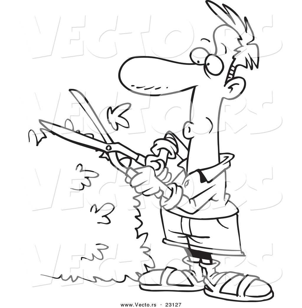 Vector Of A Cartoon Guy Trimming A Hedge   Coloring Page Outline By