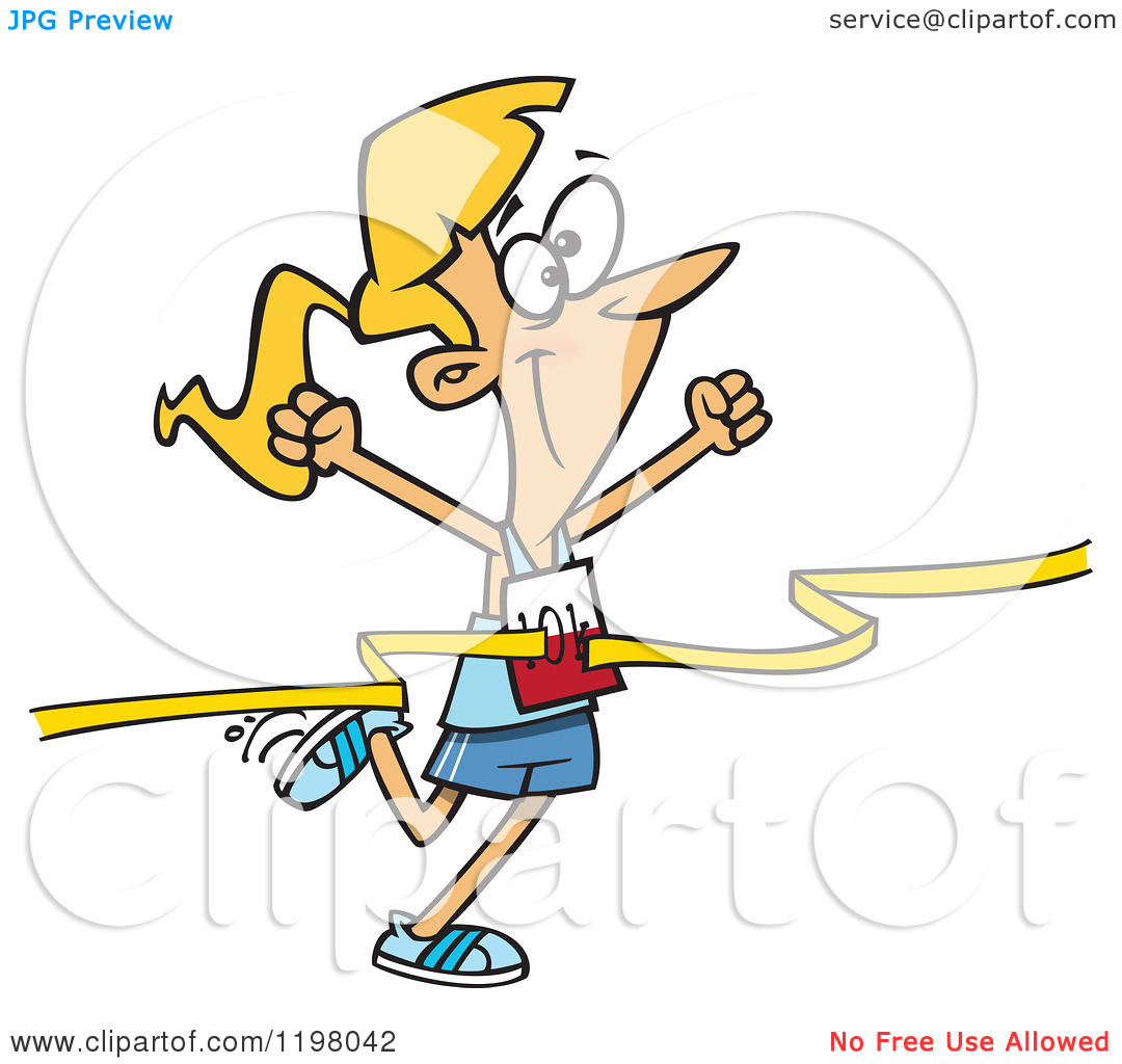 Cartoon Of A Outlined Female 10k Runner Crossing The Finish Line    