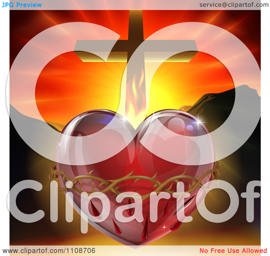 Clipart 3d Sacred Heart With Fire Thorns Mountains And A Cross    