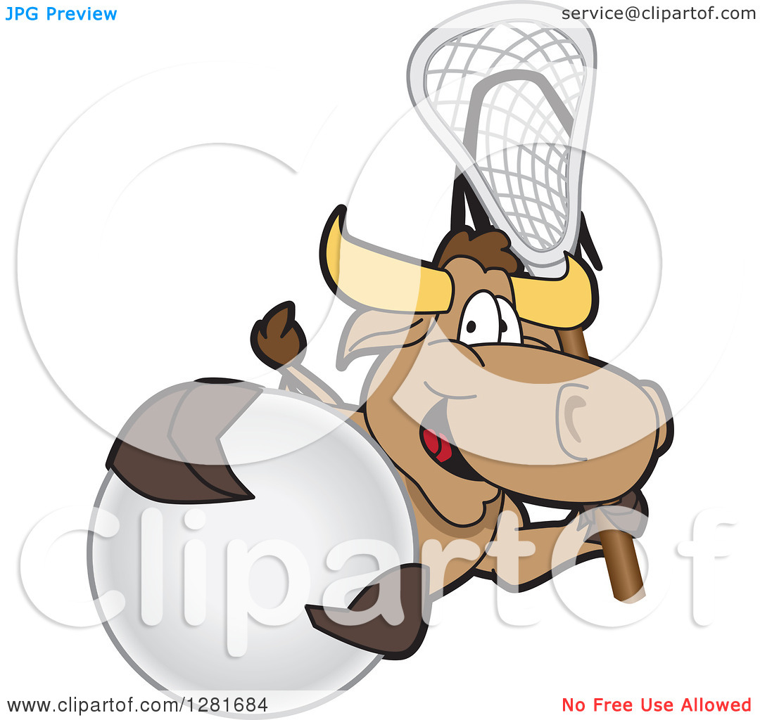 Clipart Of A Happy Bull School Mascot Character Holding A Lacrosse