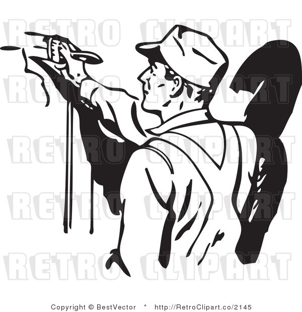 Royalty Free Black And White Retro Vector Clip Art Of A Man Painting