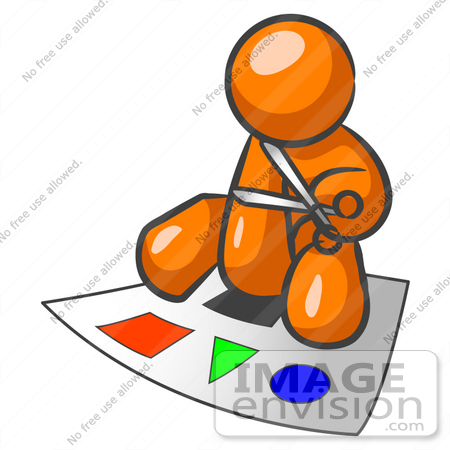 Royalty Free Clipart Of An Orange Guy Character Sitting And Cutting