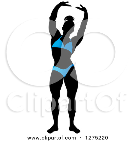 Silhouetted Stretching Female Bodybuilder In A Blue Suit
