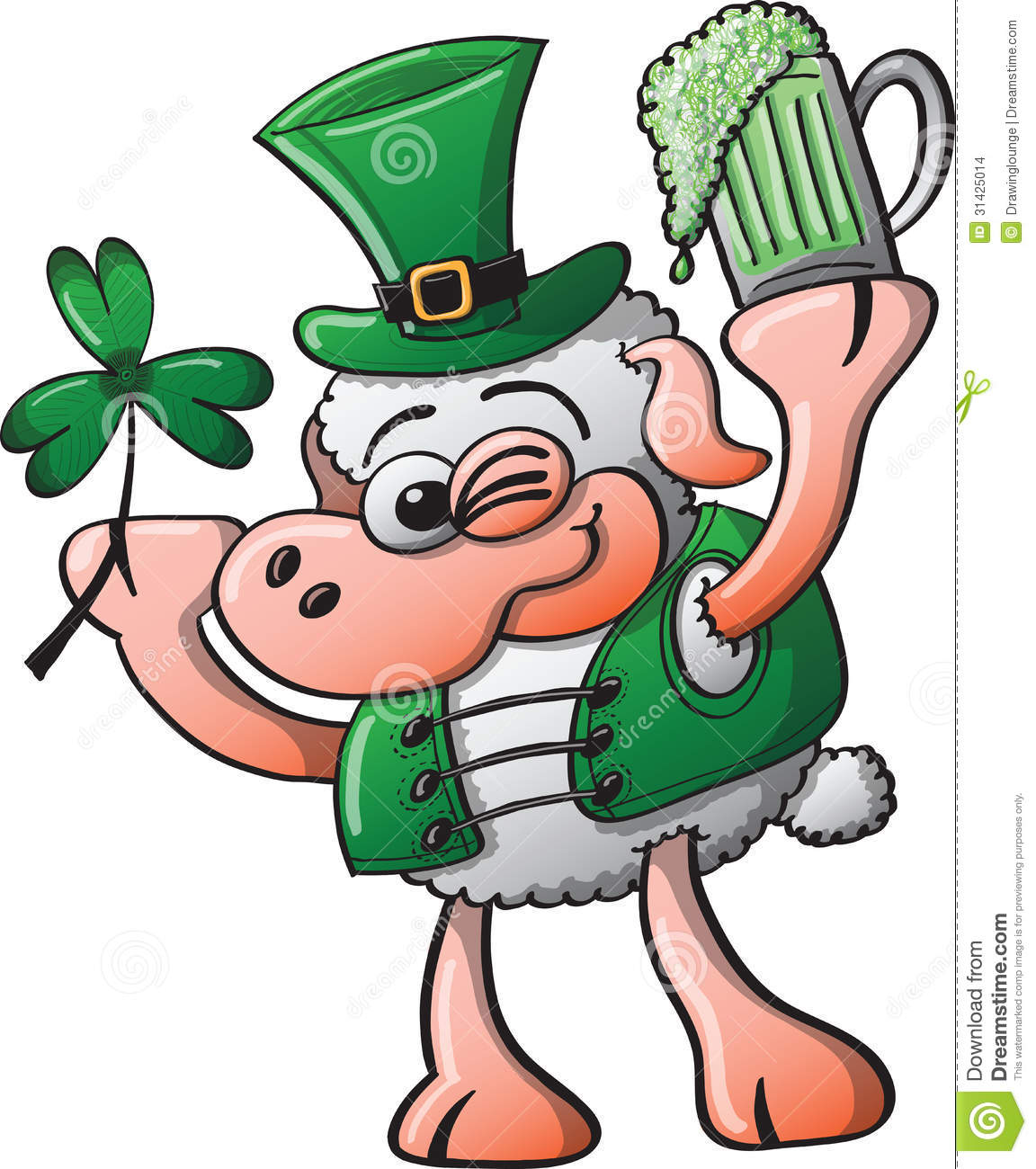 St Paddys Day Sheep Winking Smiling And Holding A Clover And A Glass