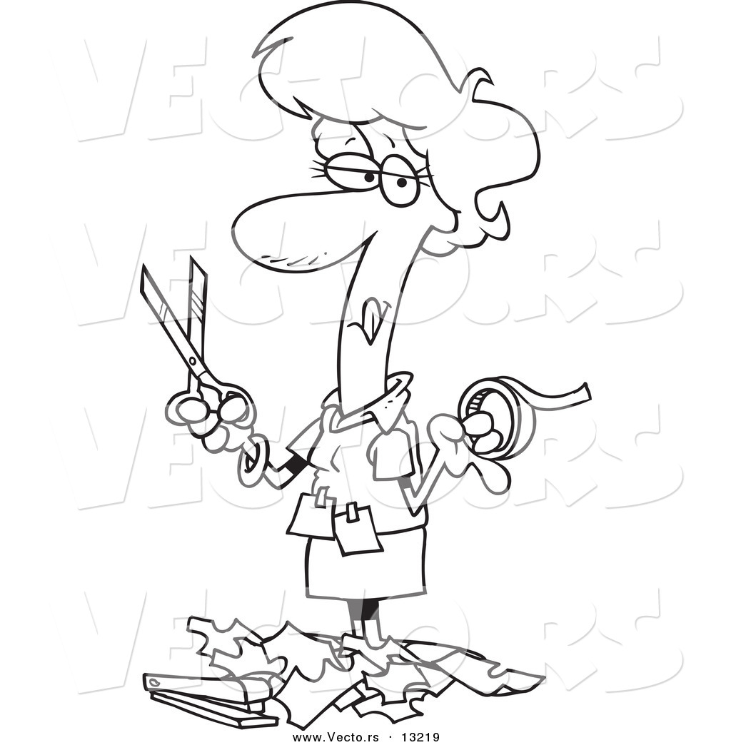 Tape And Scissors And Standing In Paper Scraps   Coloring Page Outline