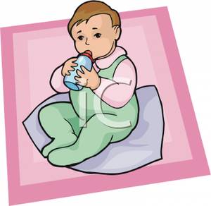 Baby Sitting On A Blanket Sucking On A Bottle   Royalty Free Clipart