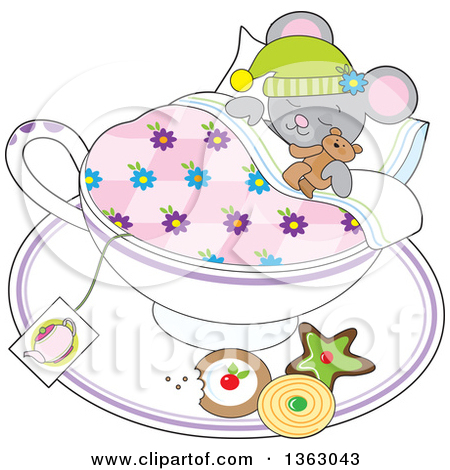 Cartoon Gray Mouse Holding A Teddy Bear And Sleeping In A Tea Cup With