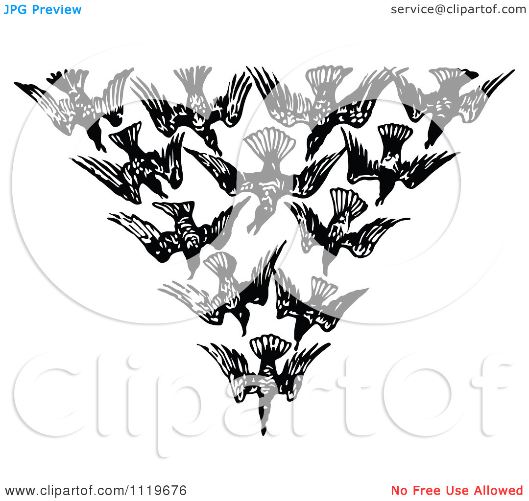 Illustration A Flock Of Birds Flying Off Black And White Tattoo